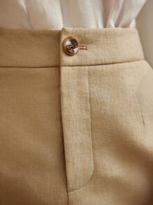 MOTF PREMIUM 純麻質料帶拉鍊對比色布帶修飾的裙子 - 卡其色 - 查看 3