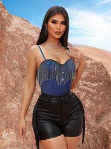 SHEIN SXY 節日風格流蘇鏈條露背連體衣,適用於休閒場合或音樂節 - 藍色 - 查看 6