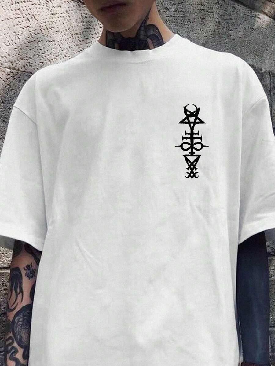 Men's Star Print Loose Round Neck Drop Shoulder T-Shirt - White - View 1