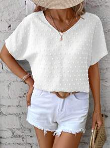 EMERY ROSE Women's Solid Color Batwing Sleeve Swiss Dot Blouse,Short Sleeve Tops