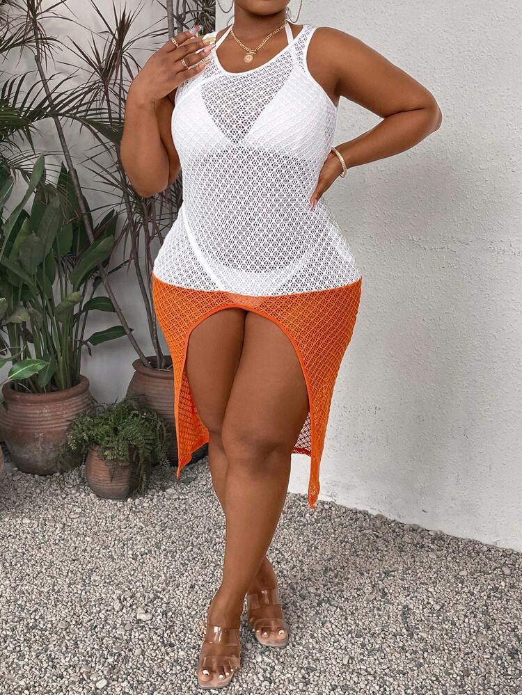 Plus Size Women's Contrast Color Hollow Out Dress With High Split Hem