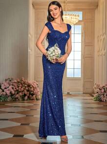 SHEIN Belle 甜心领亮片礼服优雅舞会晚会婚礼宾客礼服，适合毕业典礼、晚宴或节日派对服装