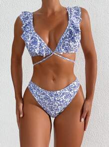 Swim Mod 女士印花荷叶边比基尼套装，比基尼套装海滩泳装泳衣夏季，夏季海滩 - 淺藍色 - 查看 3