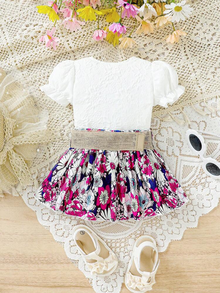 Baby Girl's Elegant & Cute Fashionable Textured Shirt And Floral A-Line Skirt Set With Waist Belt