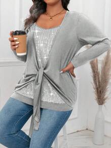 Celure Plus Size Women's Sequin Patchwork Waist Tie Long Sleeve T-Shirt - Grey - View 6