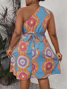 Breezaya Plus Size Women's Leopard Print One Shoulder Sleeveless Dress With Pockets