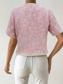 Chiquease Women's Short Sleeve Jacket With Asymmetric Hem, Single-Breasted Closure, Woven Tape Design - Pink - View 2