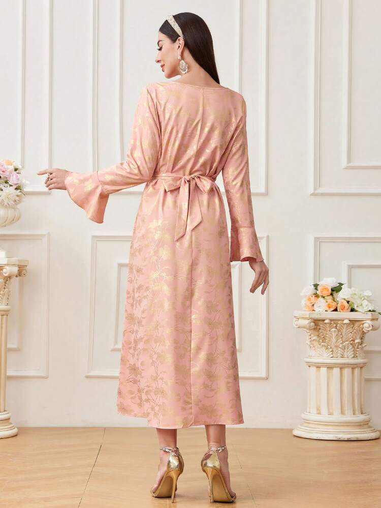 Women's Arabic Style Flare Sleeve Dress With Gold Foil Printed Flowers Long Evening Dresses