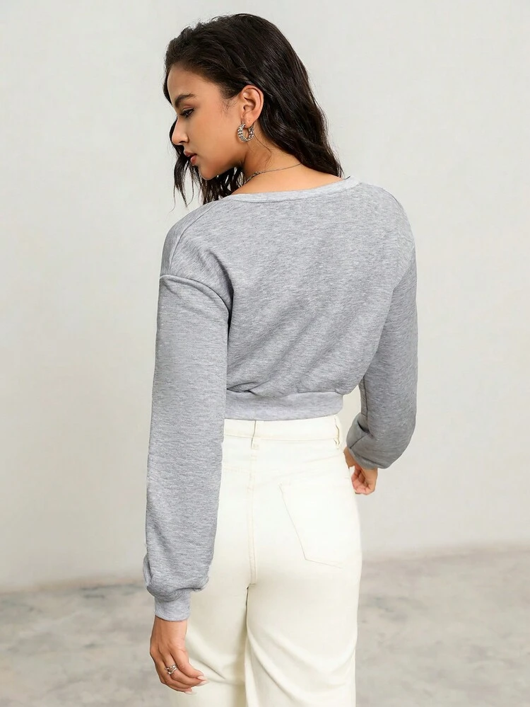 Einfarbiger V-Ausschnitt Oversized Crop Sweatshirt Pullover für den Herbst
