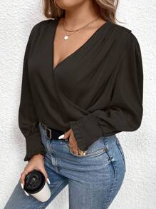 SHEIN Clasi Talla grande Blusa de cuello cruzado de manga farol - Negro - Ver 4