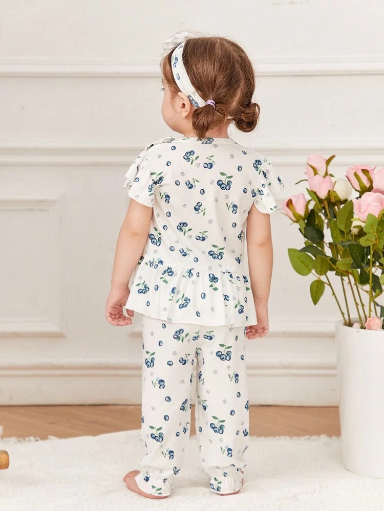 Baby Girl Cute Girly Knitted Digital Printed Blueberry Short Sleeve Top With Open Side Collar And Loose Hem, Matched With Long Pants And Headband 2pcs Home Outfit Set
