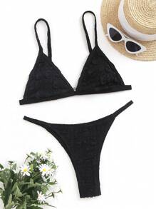 SHEIN Swim طقم بكيني بنقشة ملمس ذو لون واحد للنساء، طقم بكيني ملابس شاطئ ملابس سباحة ملابس استحمام صيفية شاطئ - الأسود - مشاهدة 1