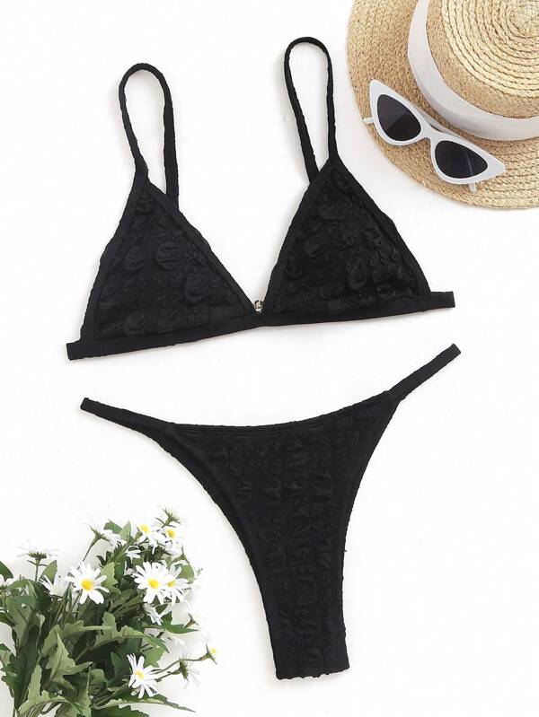 SHEIN Swim Women's Solid Color Textured Bikini Set, Bikini Set Outfit Beach Swimwear Bathing Suit Summer Beach