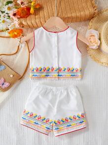 SHEIN 寶寶女孩夏日度假波西米亞風格彩色圖案無袖背心和短褲套裝 - 白色 - 查看 2