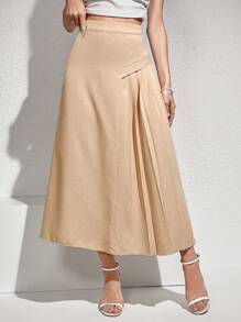 Modelyn Solid Color Pleated Casual Skirt, Versatile Fall Cloth For Women - Apricot - View 5