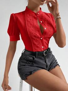 RosyDaze Women's Fashionable Red Short Sleeve Button-Down Shirt For New Year Clothes - Red - View 6