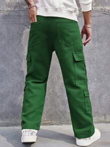 Manfinity 男士有蓋口袋側工裝寬鬆牛仔褲 - 綠色 - 查看 3