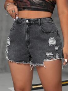 SHEIN ICON Quần short denim rách cỡ lớn có túi cho mùa hè - màu đen - Xem 1