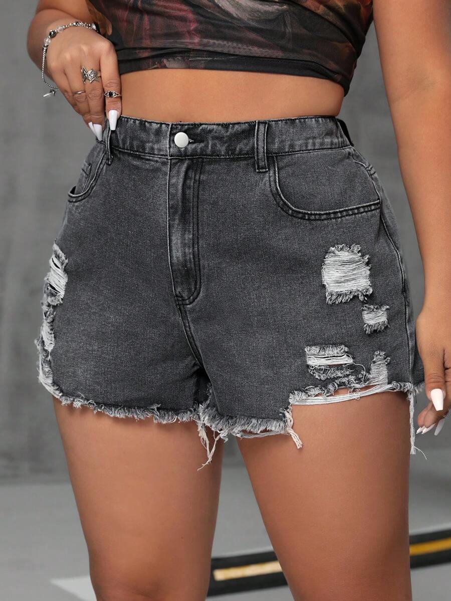 SHEIN ICON Quần short denim rách cỡ lớn có túi cho mùa hè - màu đen - Xem 1