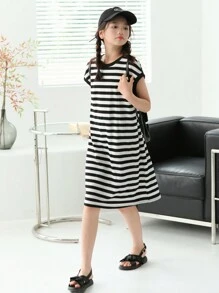 SHEIN Tween Girl Loose Casual Bow Decorated Loose Striped Dress
