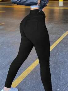 Jeans slim de couleur unie avec poches, style décontracté pour femmes - Noir - Voir 4