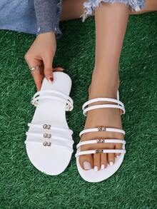 女士實色系,扣環裝飾,帶扣涼鞋,扁跟 - 白色 - 查看 1