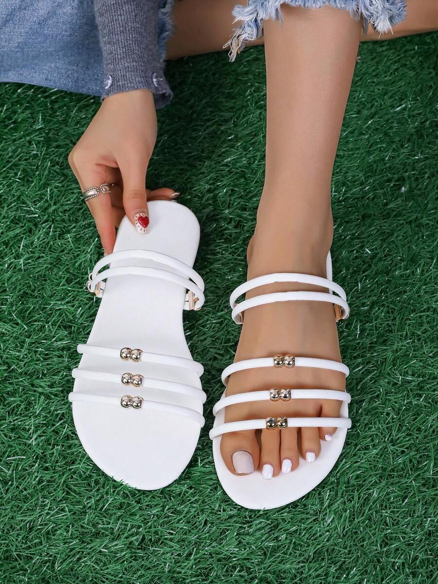 女士實色系,扣環裝飾,帶扣涼鞋,扁跟 - 白色 - 查看 1
