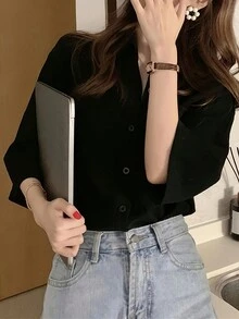 女士简约纯色短袖衬衫，适合日常休闲穿着，黑色，夏季款 - 黑色 - 查看 5