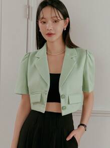 DAZY Solid Color Short Sleeve Turn Down Collar Textured Fabric Cropped Women's Blazer Jacket Business Attire - Green - View 7