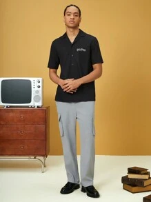 HARRY POTTER X SHEIN Men 1pc Casual Integrated Weave Character Print Short Sleeve Lapel Collar Shirt