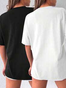 2pcs Casual Solid Round Neck Slit Women T-Shirts - Multicolor - View 2