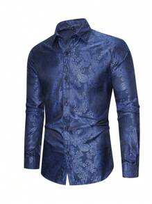 Men's Paisley Jacquard Button-Up Long Sleeve Shirt - Navy Blue - View 3