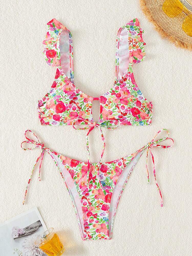 Women's Flower Print Two-Piece Bikini Set With And Ruffle Hem Detailing,Summer Beach