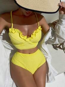 SHEIN Swim 女士纹理装饰细肩带比基尼 夏季 - 黃色 - 查看 1