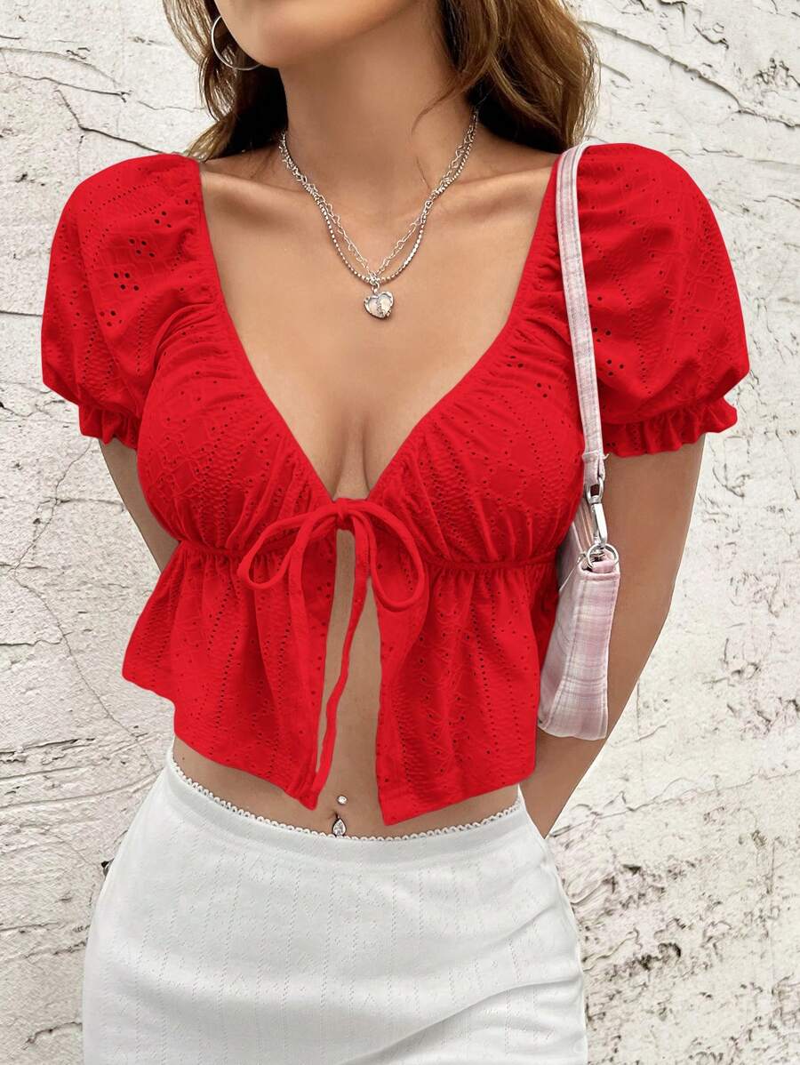 SHEIN Qutie Women's Solid Color Hollow Out Embroidered Lace Up Crop Tee