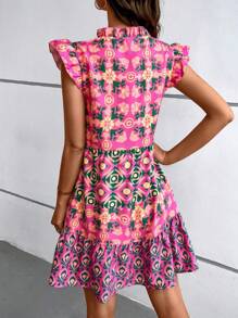 SHEIN LUNE Printed & Patchwork Mini Flutter Sleeve Dress With Neck Tie - Multicolor - View 2