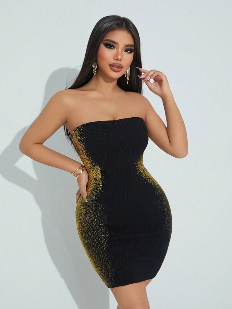 SHEIN SXY 典雅華麗的女士黑色緊身連身裙，具有凹槽紋路和側縫熱壓圖案，性感火熱的度假村夜店風情，高雅時尚的緊身短裙，高彈力低領管頂短裙 - 黑色 - 查看 4