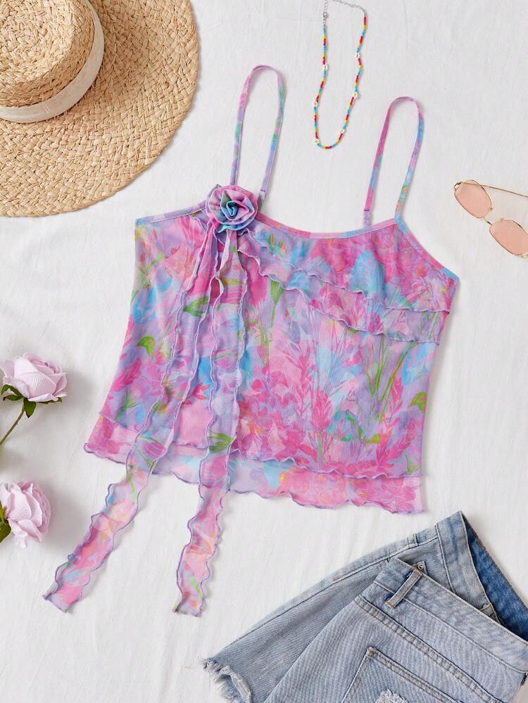 Women's Plus Size 3d Floral Sexy Camisole Top With Printed Multi-Layered Ruffle Hem And Cascading Texture