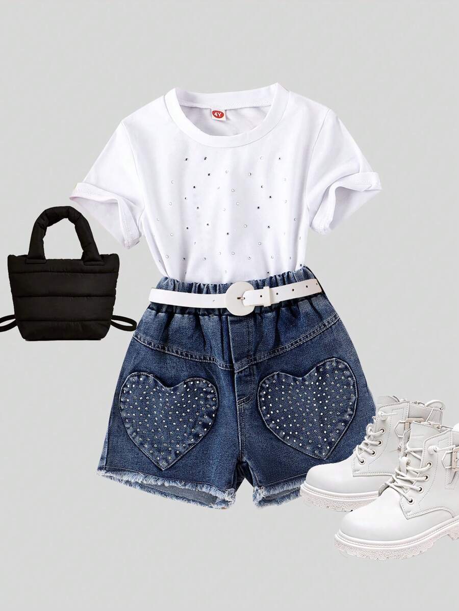 SHEIN Nhỏ bé Cô gái Mùa Xuân & Mùa thu Dễ thương Retro Thời trang Đồ trang trí Rhinestone Áo thun Và Quần short Denim Bộ - trắng - Xem 1