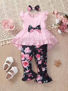 Conjunto informal para bebé niña compuesto por: falda estilo paraguas, blusa de manga corta y pantalones elegantes acampanados con aplicación de flor - Multicolor - Ver 5