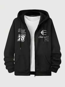 ROMWE MEN Prep Men's High Street Vintage Printed Hooded Plush Sweatshirt With Full Zipper, Suitable For Autumn And Winter - Black - View 1