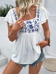 SHEIN LUNE Women's Summer Square Neck Embroidered Short Sleeve Shirt Peplum Top