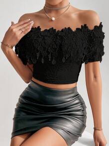 SHEIN Privé Của phụ nữ Ren Off Shoulder Viền tua Áo - màu đen - Xem 6