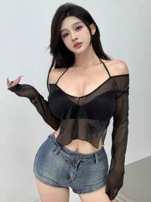 DAZY 女士露肩幻觉网眼长袖衬衫，适合派对/学校活动 - 黑色 - 查看 3