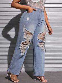 SHEIN SXY Kích thước lớn Rách Lỏng lẻo Quần jean - Rửa nhẹ - Xem 4