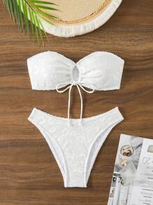 SHEIN Swim Conjunto de bikini sin tirantes texturizado para mujer, traje de baño de playa tipo bandó para el festival de música del verano