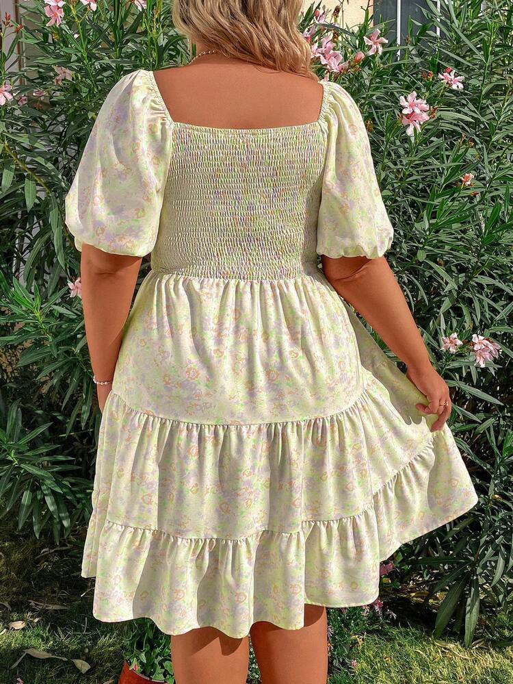Plus Size Women's Floral Print V-Neck Short Bubble Sleeve A-Line Dress