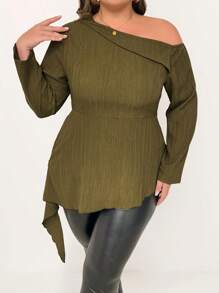 SHEIN Unity Plus Size Asymmetric Collar Drape Side Blouse Fall Cloth For Women - Army Green - View 1