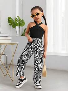 SHEIN Kleine Mädchen Für die Stadt optimiertes Set aus gestricktem Neckholder-Top und milchig gemusterten langen Hosen für Frühling/Sommer