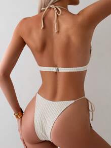 SHEIN Swim 女士纯色比基尼套装，细绳两件套比基尼套装泳装泳衣沙滩装夏季度假夏日海滩 - 米色 - 查看 2